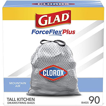 Glad Trash & Food Storage Tall Kitchen Trash Bags ForceFlexPlus With Clorox, 13 Gallon, Mountain Air 90 Count (Package May Vary),White-Gray