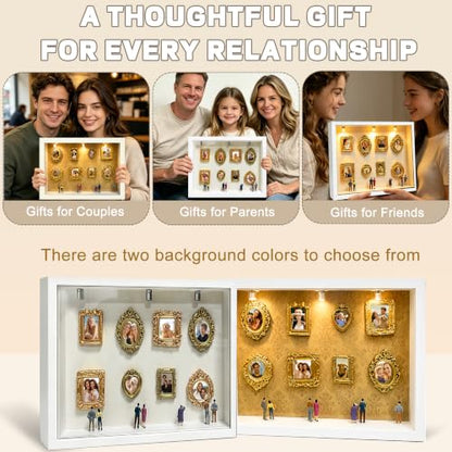 Mini Museum Shadow Box Frame Set with 8 Mini Gold Frames & LED Lights - White