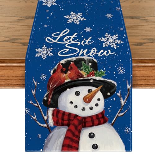 Snowman Winter Table Runner 13x36 Inch Blue Holiday Home Decor