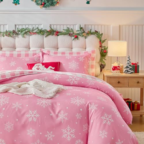 Christmas Bed in a Bag Twin Set with Snowflakes - Pink & White Holiday Bedding