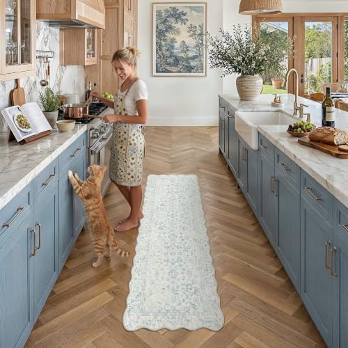 PureCozy 2' x 6' Scalloped Blue Runner Rug - Vintage Tribal Style, Non-Slip, Durable Indoor Carpet