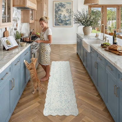 PureCozy 2' x 6' Scalloped Blue Runner Rug - Vintage Tribal Style, Non-Slip, Durable Indoor Carpet