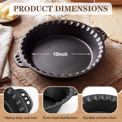 10-Inch Cast Iron Pie Pans Set with Crimped Edges & Handles - 2 Pack