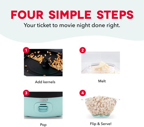 Dash SmartStore Popcorn Maker - Electric Stirring Popper with Butter Tray & Clear Bowl - 12 Cups, Aqua