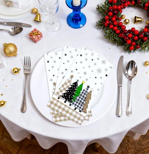 50 Pieces Christmas Tree Paper Napkins - 3-Ply Gingham Holiday Disposable Hand Towels