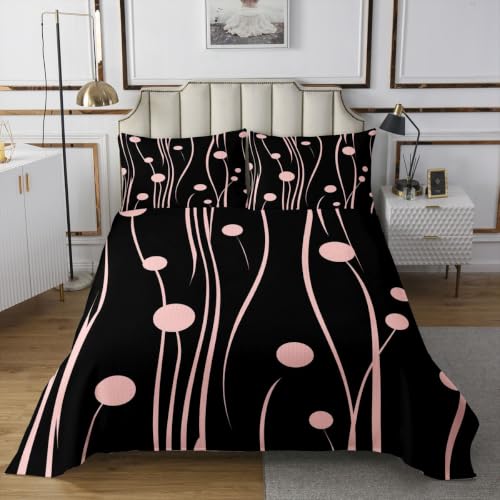 Kids Bedspread Set with Geometric Line and Dandelion Design - Black Pink, King Size