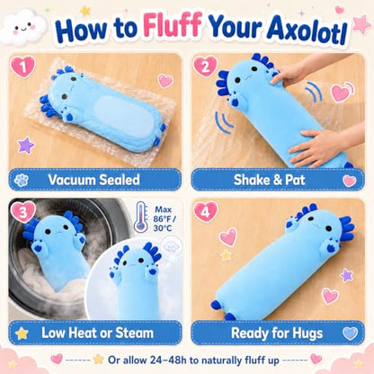 Long Axolotl Plush Pillow 43.3 Inch - Soft Blue Stuffed Animal for Kids & Gift