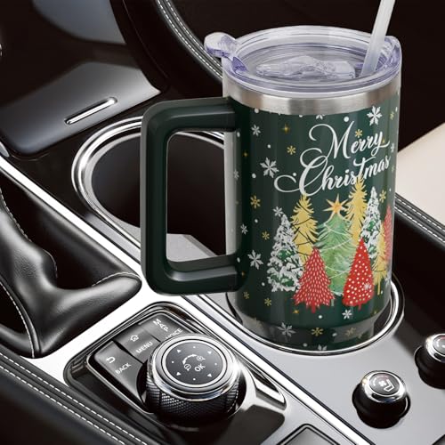 Pink Christmas Tumbler with Handle and Straw, 40oz Insulated Stainless Steel Snowman Cup - Green-Tree Variation