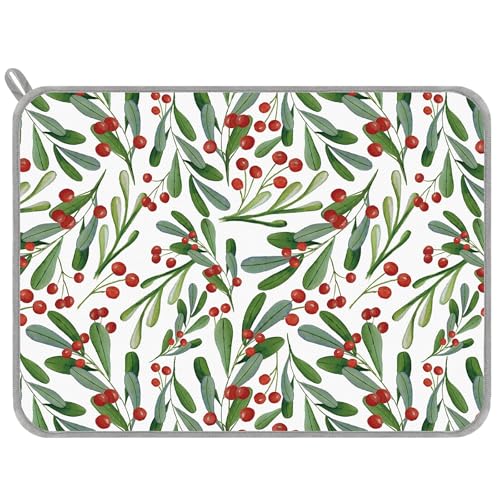 Christmas Dish Drying Mat Holly Berry Holiday Kitchen Decor 18x24 Inch