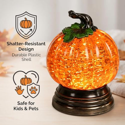 Glitter Lighted Pumpkin Snow Globe with LED Warm Glow Halloween Decor
