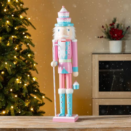 Nutcracker Christmas Decorations - 24 Inch Wooden Nutcracker Soldier with Cake Hat, Candy Cane & Cupcake - Holiday Porch Decor