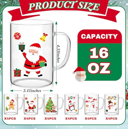 24 Pcs Christmas Glass Coffee Mugs 16 Oz with Handle Winter Theme Set - Santa Snowman Elk