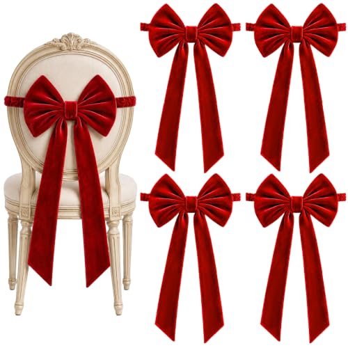 4PCS Red Christmas Bow Chair Sashes Elastic Velvet Decor