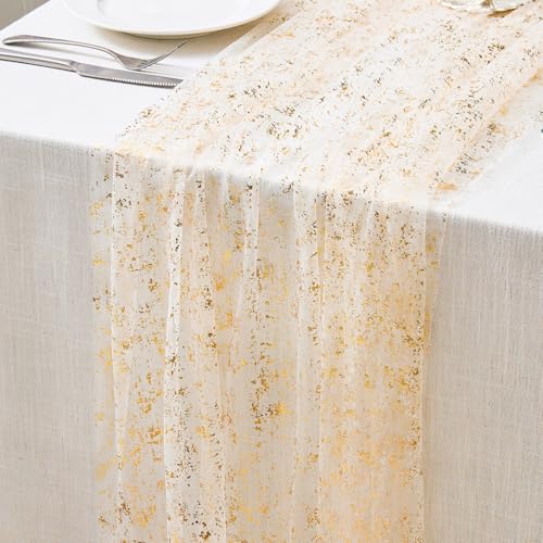Gold Sheer Table Runner 10 Ft with Sequin Details - Birthday & Wedding Decor - Gold Variation