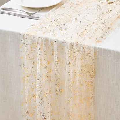 Gold Sheer Table Runner 10 Ft with Sequin Details - Birthday & Wedding Decor - Gold Variation