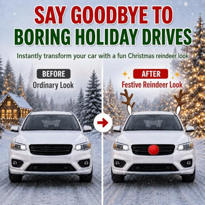 Car Reindeer Antlers with Nose, Bells & Ribbons Holiday Decoration