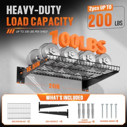 Black Wall Shelving 2-Pack - Heavy Duty Garage Storage 24x16.5 Inches