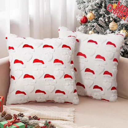 Christmas Santa Pillow Cover Set of 2 - 18x18 Inch Faux Fur & Embroidery Holiday Decor