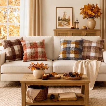 Fall Plaid Pillow Covers Set of 2 18x18 Inches Boucle Orange Rustic Farmhouse