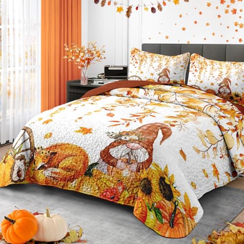 Queen Fall Quilt Set with Gnome Pattern, 3 Pieces Bedding Comforter