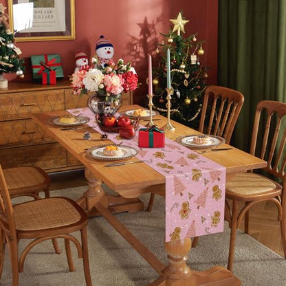 Pink Gingerbread Christmas Table Runner 13x72 Inches Holiday Decor