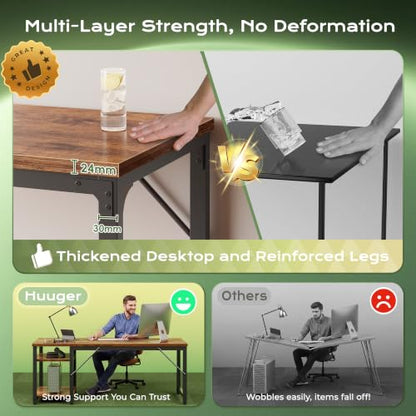 Rustic Brown 63x23.6 Inch Computer Desk with Power Outlets, Thick Desktop