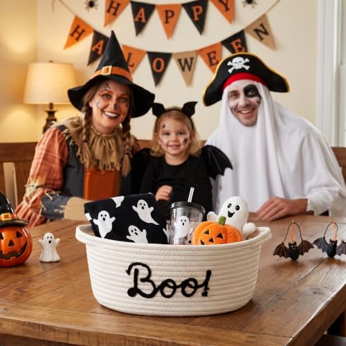 Halloween Boo Basket for Kids & Adults - White & Black Woven Gift Basket, 13x9x5 Inches