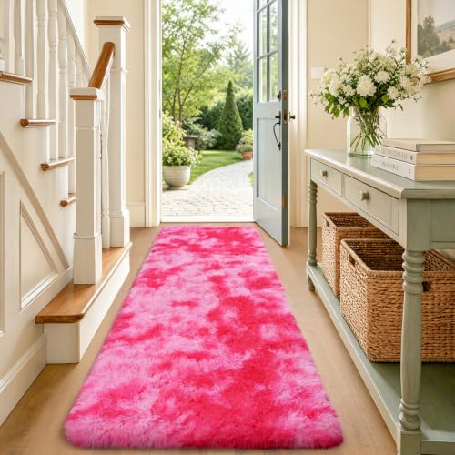 Tie-Dyed Hot Pink Runner Rug 2x6 ft Plush Shag Floor Mat for Hallway