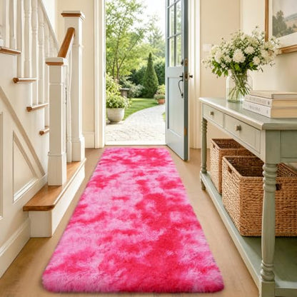 Tie-Dyed Hot Pink Runner Rug 2x6 ft Plush Shag Floor Mat for Hallway