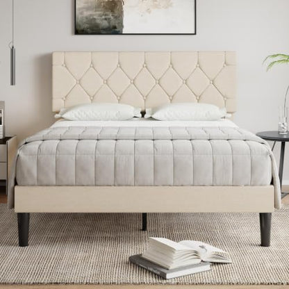 Upholstered Queen Bed Frame with Adjustable Headboard and Storage