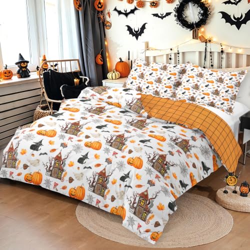 Halloween Duvet Cover Set Queen with Pumpkin Haunted House Pattern, Orange & White