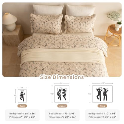 Floral Queen Quilt Set - 100% Cotton, Ditsy Vintage Bedspread, 3 Pieces - Queen (90x98) - Neutral Base