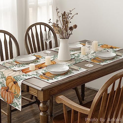 12x18 Inch Fall Placemats Set of 6 - Orange Pumpkin Eucalyptus Seasonal Table Decor