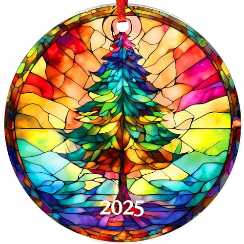 2025 Christmas Tree Ornaments Acrylic Faux Stained Glass Effect Gift Set - Tree Variation