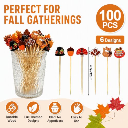 100 Pcs Fall Cocktail Picks with Autumn Leaf Pumpkin & Acorn Designs