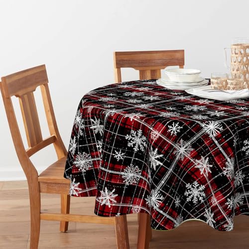 Horaldaily Christmas Tablecloth 60x60 Inch Round Black Red Grid White - Black