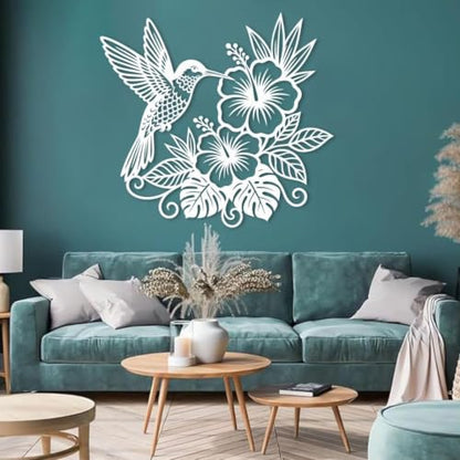 Black Metal Hummingbird Hibiscus Flower Wall Art - Tropical Garden Decor