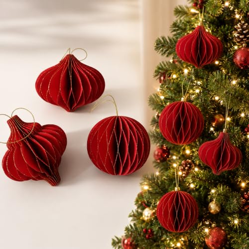 Red Honeycomb Paper Christmas Ornaments - Assorted Ball & Teardrop Shapes - 3 Pack