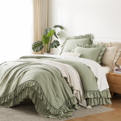 Sage Green Double Ruffle Comforter Set Queen Size Farmhouse Bedding - Soft Pre-Washed Fabric
