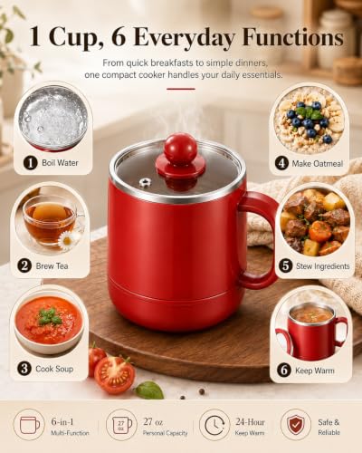 Electric Stewing Cup 27oz 6-in-1 Portable Cooking Kettle Beige with Filter