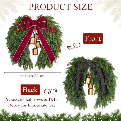 Heart-Shaped Christmas Wreath 24 Inches with Cedar, Velvet Bow & Bells