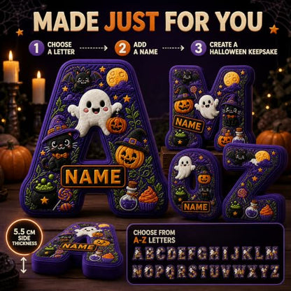 Personalized Halloween Letter Pillow with Custom Name & Initials - Soft Plush Decor
