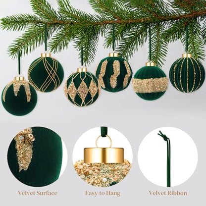 Dark Green Velvet Christmas Ball Ornaments 4 Inch Set of 6 - Holiday Decor
