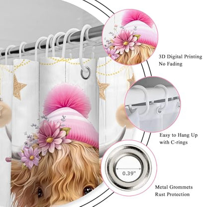 Christmas Highland Cow Shower Curtain Set Pink 72x72 Inches with Hooks - Merry Xmas Farmhouse Bathroom Decor