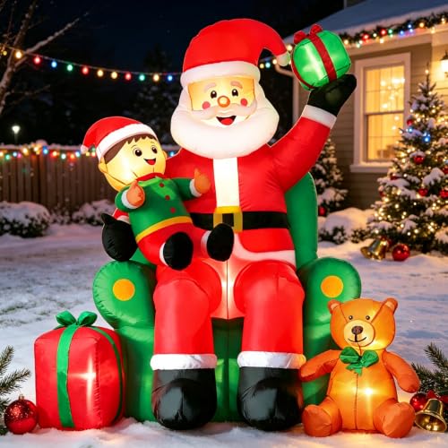 DomKom 6FT Large Horizontal Christmas Inflatable Santa on Throne with Lights