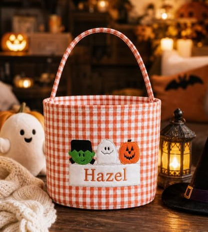 Personalized Halloween Gingham Basket with Embroidered Name - Black