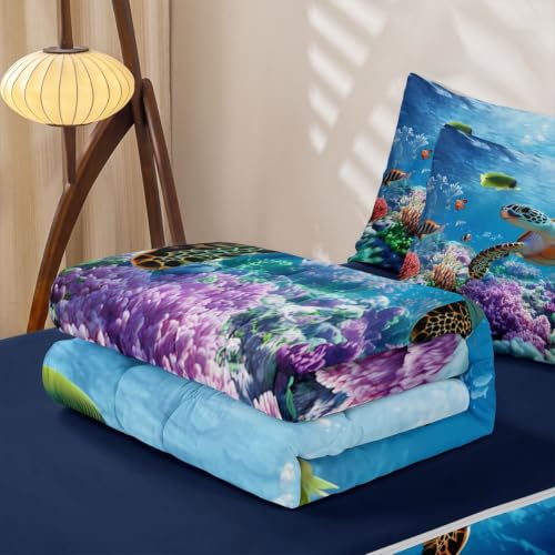Teal Blue Sea Turtle Zipper Bedding Set Queen Ocean Nautical Bed in a Bag