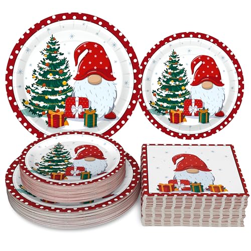 Christmas Paper Plates and Napkins Set for 50 Guests - Gnome & Tree Pattern Disposable Tableware