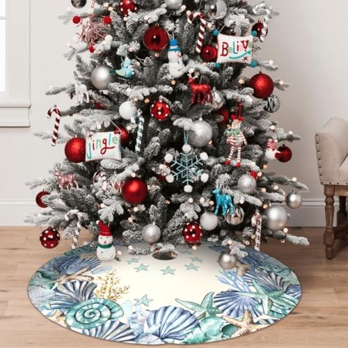 Beach Starfish Coastal Wreath Christmas Tree Skirt - Blue 30" - Holiday Decor