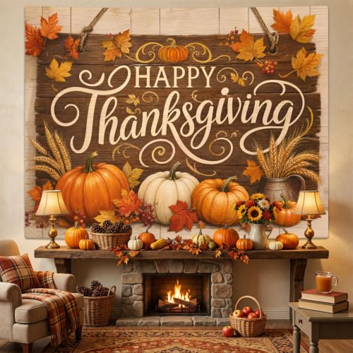 Thanksgiving Rustic Wood Banner Tapestry - Fall Decor, 44x60in, Variation of Wood Board Pumpkin